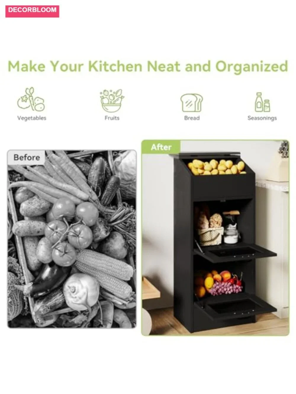 4-Tier Potato Onion Storage Bin Bread Box Wood Grain Metal Mesh Doors